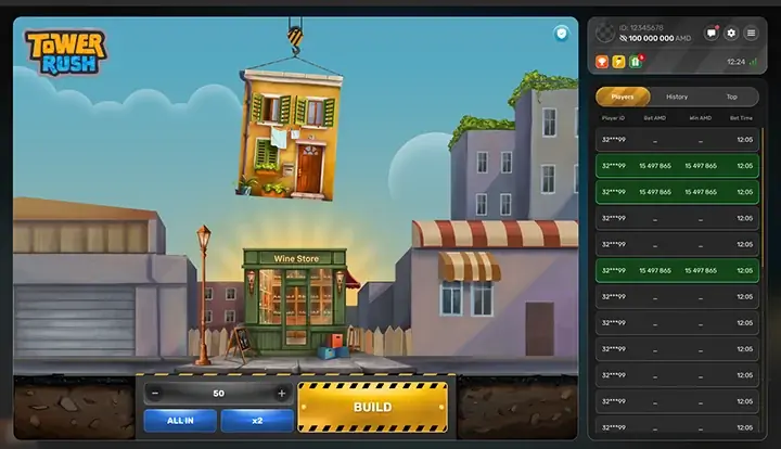 Tower Rush Game — Crash-Spiel mit Tornin Rakentaminen und Multiplikatoren für Österreich